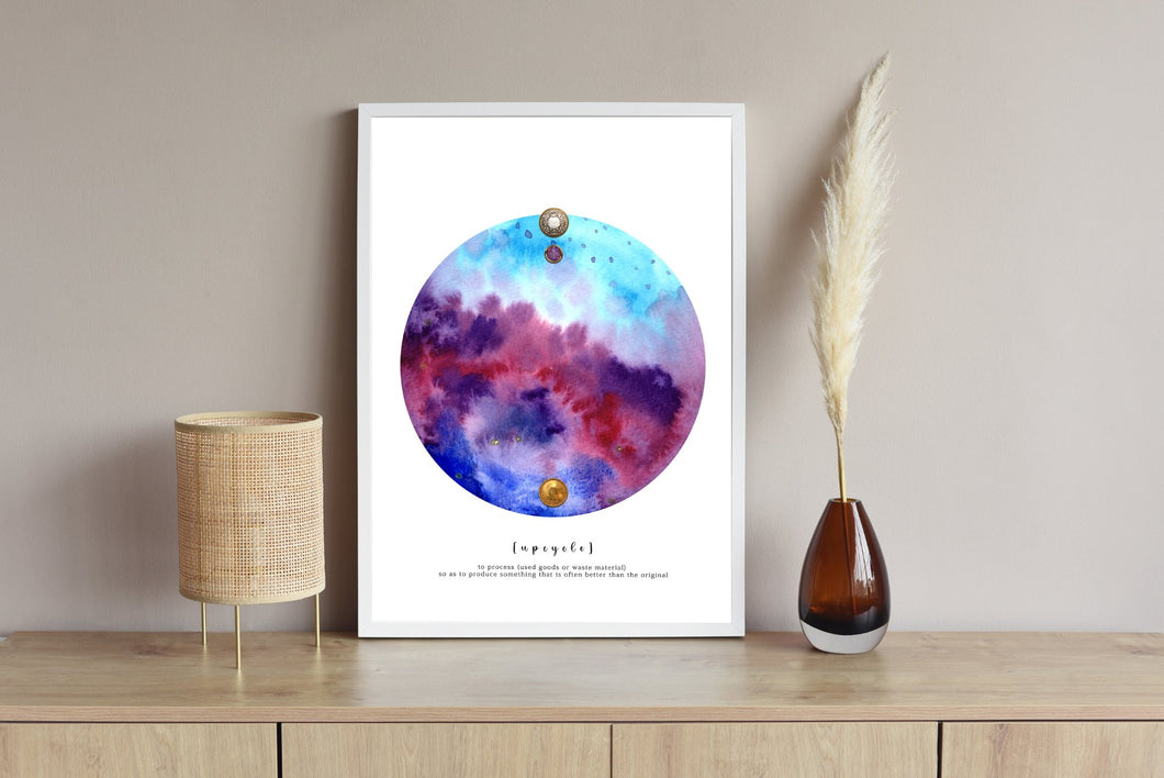 Eco-Friendly Abstract Colorful Planet Prints at Jellyque | Represents Reusable Living Through Classy Violet Planet | Royal Violet & Blue Colors For Wisdom & Wealth | Romantic Vibe | Reusable Material: Clothing Button Collage Design By Graphic | Instant Download | Sustainable Living Gift Ideas & Well-Being