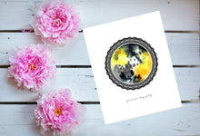 Load image into Gallery viewer, Eco-Friendly Abstract Colorful Planet Prints at Jellyque | Represents Reusable Living Through Enchanting Yellow Moon | Black &amp; Yellow Colors For Energy &amp; Confidence | Sophisticated Vibe | Reusable Material: Black Lace Collage Design By Graphic | Instant Download | Sustainable Living Gift Ideas &amp; Well-Being

