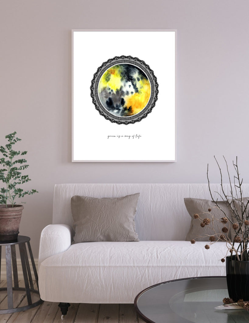 Eco-Friendly Abstract Colorful Planet Prints at Jellyque | Represents Reusable Living Through Enchanting Yellow Moon | Black & Yellow Colors For Energy & Confidence | Sophisticated Vibe | Reusable Material: Black Lace Collage Design By Graphic | Instant Download | Sustainable Living Gift Ideas & Well-Being