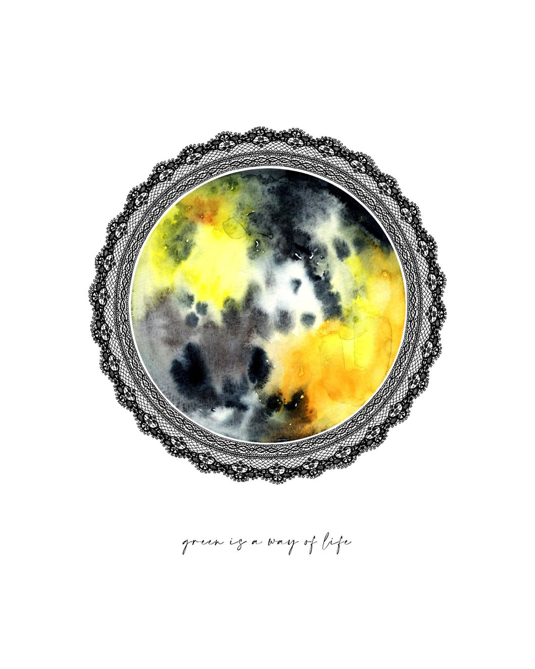 Eco-Friendly Abstract Colorful Planet Prints at Jellyque | Represents Reusable Living Through Enchanting Yellow Moon | Black & Yellow Colors For Energy & Confidence | Sophisticated Vibe | Reusable Material: Black Lace Collage Design By Graphic | Instant Download | Sustainable Living Gift Ideas & Well-Being