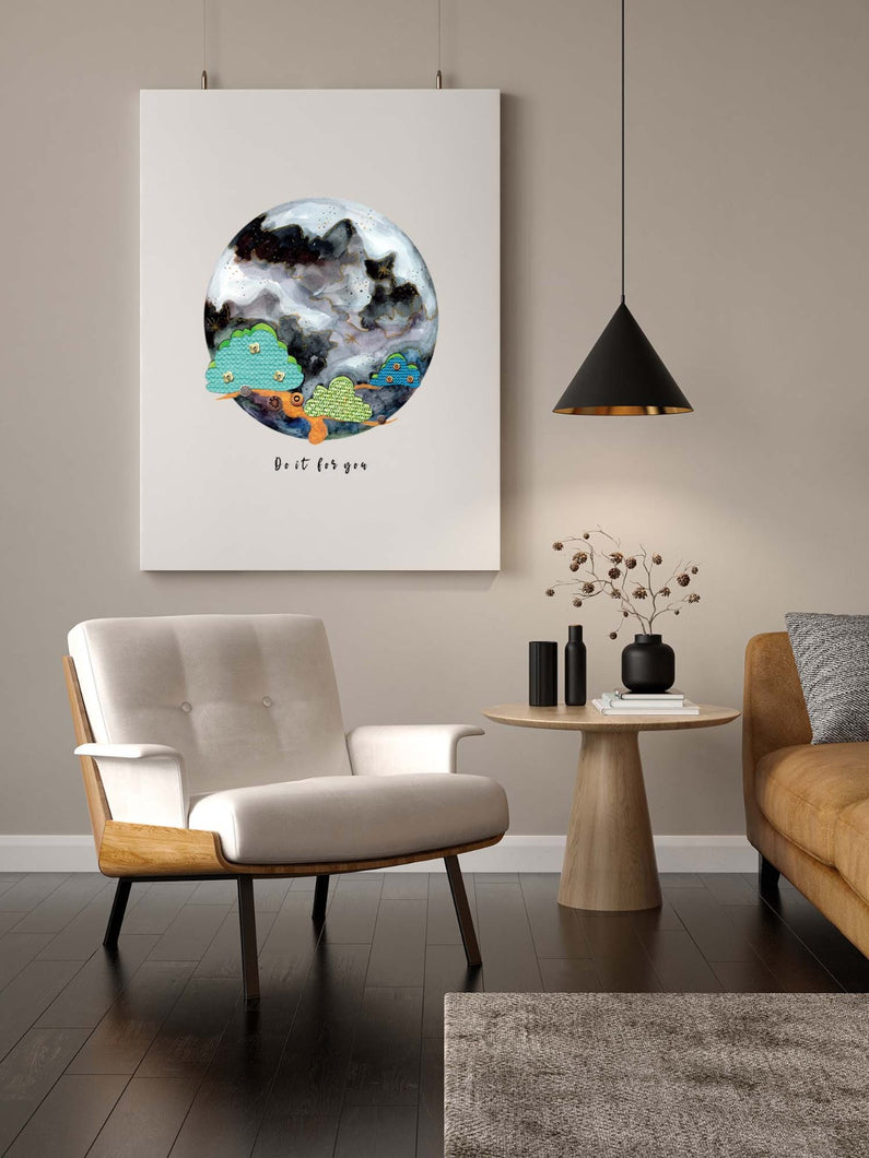 Eco-Friendly Abstract Colorful Planet Prints at Jellyque | Represents Save Trees Through Cloth Pine Tree Planet | Neutral Black & Turquoise Colors For Strength & Comfort | Prestigious Vibe | Reusable Material: Knitted Wool & Piece of Jeans Collage Design By Graphic | Instant Download | Sustainable Living Gift Ideas