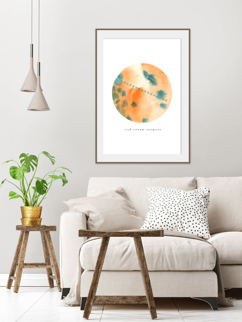 Eco-Friendly Awareness Colorful Planet Prints at Jellyque | Reminds to Recycle Through Apricot-Orange Planet | Reusable Materials: Stitch ➸ Up-cycled Collage Design + Eco Tips | Apricot-Orange & Seafoam Green Colors For Affirmation | Cheerful and Joyful Vibes | Instant Download | Sustainable Living Gift Ideas