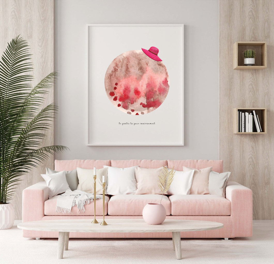 Eco-Friendly Abstract Colorful Planet Prints at Jellyque | Represents to Use Solar Energy Through Awesome Summer Planet | Walnut-Brown & Magenta Colors For Tenderness & Affection | Stylish Vibe | Reusable Material: Pink Hat Collage Design By Graphic | Instant Download | Sustainable Living Gift Ideas & Well-Being
