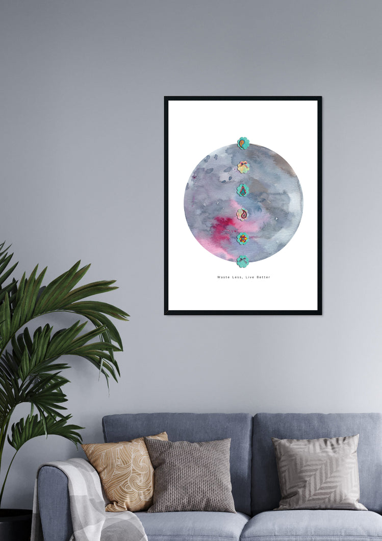 Reminds Us Waste Less & Live Better Through Beads Patch Moon | Based on Watercolor & Mixed-Media Reusable Material Collage Graphic Design For Sustainability | Abstract Colorful Wall Art Print Creates a Happy Place with Sophisticated Vibe | Lava & Seal Colors Help to be Calm & Stable Mind For Mental Health