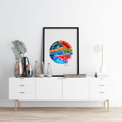 Eco-Friendly Abstract Colorful Planet Prints at Jellyque | Reminds Sustainability Through Colorful Bead Planet | Rasberry-Red & Cobalt-Blue Colors For Strong-Willed | Passionate & Active Vibes | Reusable Material; Gold & Silver Chains Collage Design By Graphic | Instant Download | Sustainable Living Gift Ideas