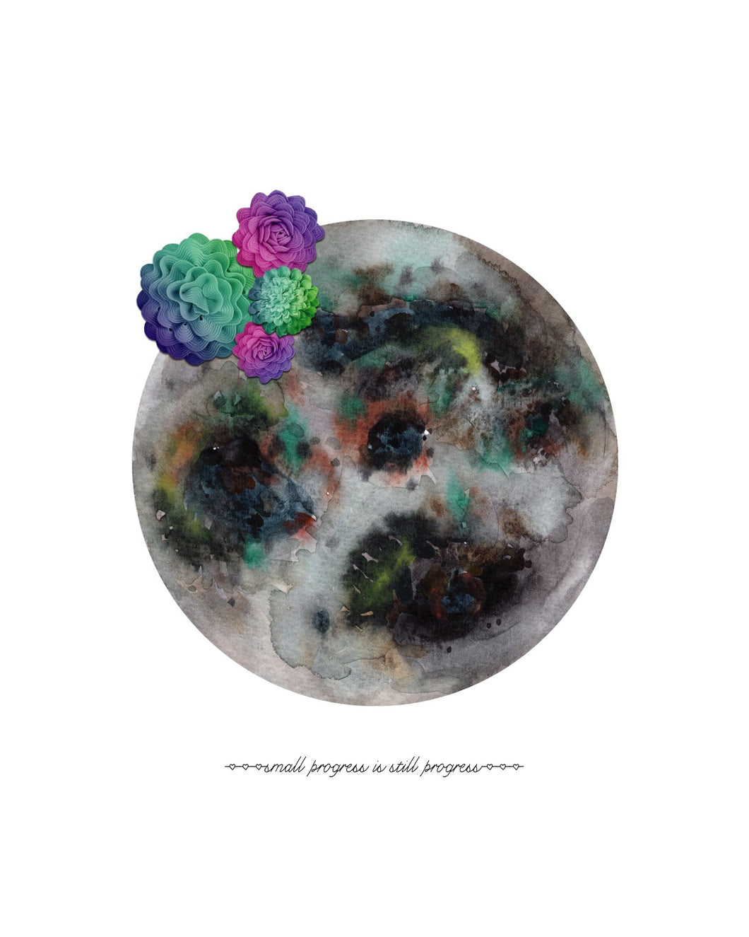 Eco-Friendly Abstract Colorful Planet Prints at Jellyque | Represents to Respect Nature Through Fabric Flower Moon | Cloud & Shadow Grey Colors For Calmness & Courage | Dreamy Vibe | Reusable Material: Fabric Flowers Collage Design By Graphic | Instant Download | Sustainable Living Gift Shop & Well-Being