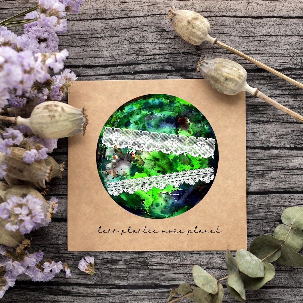 Eco-Friendly Abstract Colorful Planet Prints at Jellyque | Represents Protecting Earth Through Eco-Healing Earth | Deep Forest & Spring Green Colors For Well-Balanced Life | Green-Nature Vibe | Reusable Material: White Lace Collage Design By Graphic | Instant Download | Sustainable Living Gift Ideas & Well-Being