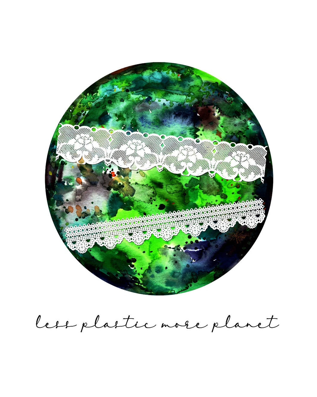 Eco-Friendly Abstract Colorful Planet Prints at Jellyque | Represents Protecting Earth Through Eco-Healing Earth | Deep Forest & Spring Green Colors For Well-Balanced Life | Green-Nature Vibe | Reusable Material: White Lace Collage Design By Graphic | Instant Download | Sustainable Living Gift Ideas & Well-Being