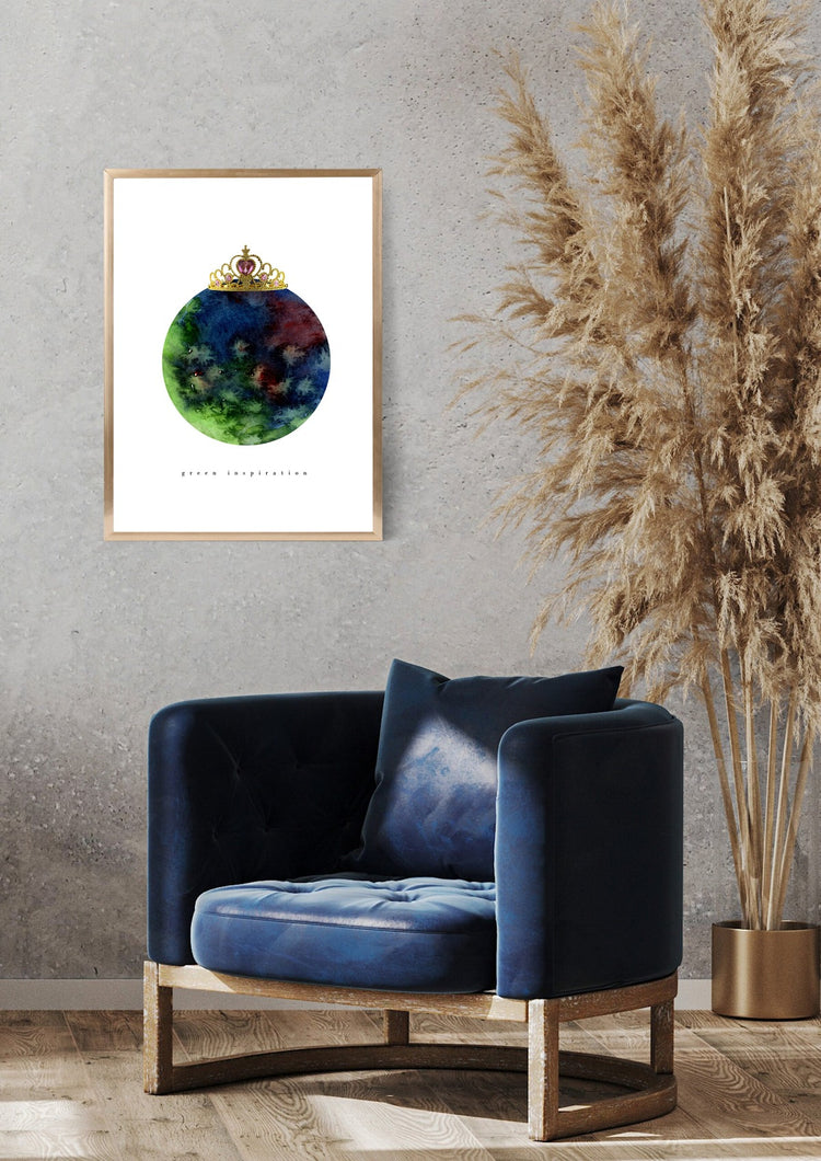 Eco-Friendly Abstract Colorful Planet Prints at Jellyque | Reminds to Save Our Planet Through Elegant Queen Planet | Prussian-Blue & Forest-Green Colors For Wealth & Success | Sweet Sounding Vibe | Reusable Material: Metallic Gold Tiara Collage Design | Instant Download | Sustainable Living Gift Ideas & Well-Being