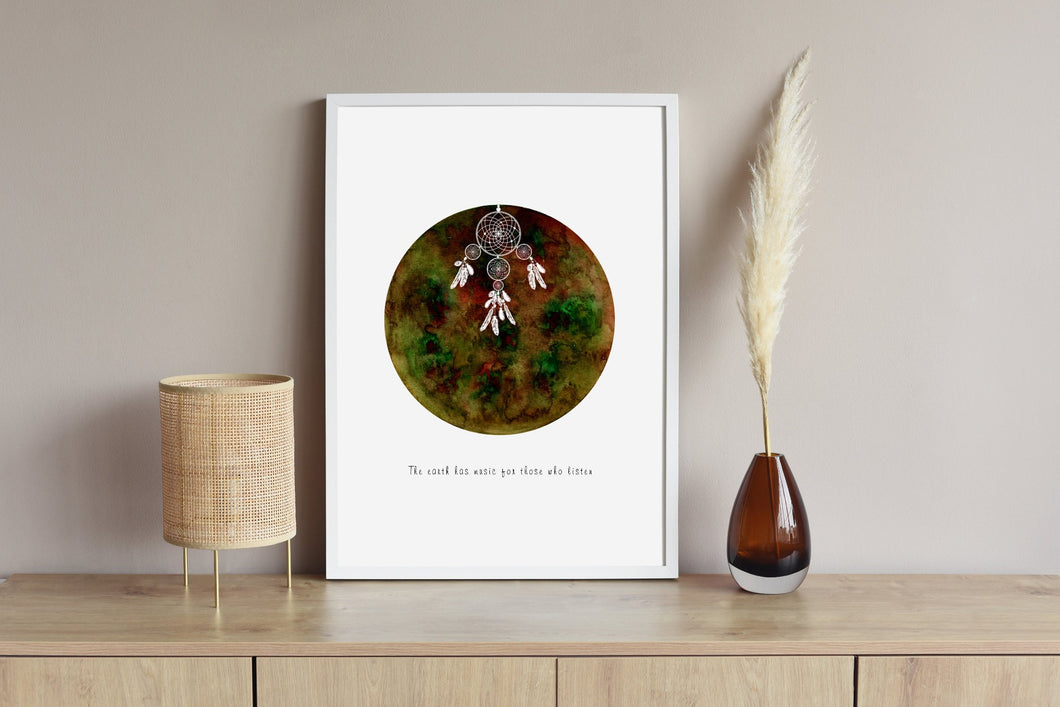 Eco-Friendly Abstract Colorful Planet Prints at Jellyque | Represents Zero-Waste Living Through Dream Catcher Moon | Deep Forest Green Color For Hope, Wishes & Want | Woodsy Fragrant Forest Vibe | Reusable Material: White Dream Catcher Collage Design By Graphic | Instant Download | Sustainable Living Gift Ideas