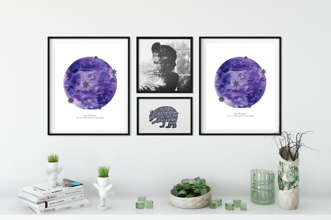 Eco-Friendly Abstract Colorful Planet Prints at Jellyque | Reminds to Aware of Climate Change Through Frozen Purple Moon | Reusable Materials: Decorative Snow Flakes ➸ Up-Cycled Collage Design + Eco Tips | Russian Violet Color For Quality Life | Fantastic & Sophisticated Vibes | Instant Download | Sustainable Living