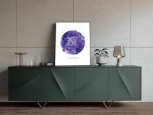 Load image into Gallery viewer, Eco-Friendly Abstract Colorful Planet Prints at Jellyque | Reminds to Aware of Climate Change Through Frozen Purple Moon | Reusable Materials: Decorative Snow Flakes ➸ Up-Cycled Collage Design + Eco Tips | Russian Violet Color For Quality Life | Fantastic &amp; Sophisticated Vibes | Instant Download | Sustainable Living
