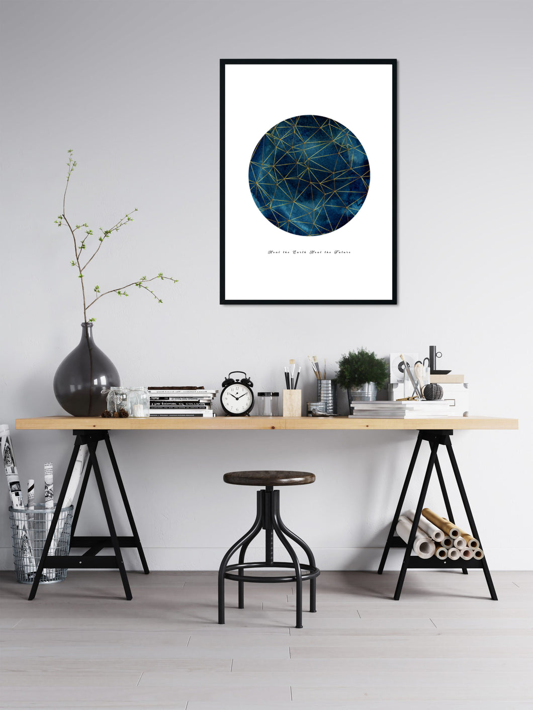 Eco-Friendly Abstract Colorful Planet Prints at Jellyque | Represents Sustainable Living Through Gold Geometric Planet | Denim Blue Color For Potentiality of Growth & Balance of Power | Relaxed & Cool Vibes | Reusable Material; Golden Geometric Collage Design By Graphic | Instant Download | Zero-Waste Living Gift Ideas