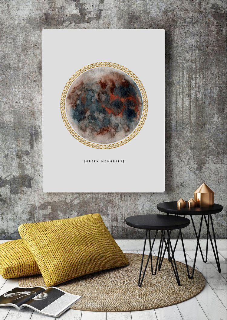 Eco-Friendly Abstract Colorful Planet Prints at Jellyque | Reminds to Sustainable Living Through Luxurious Neutral Moon | Reusable Materials: Golden Metallic Border ➸ Up-cycled Collage Design | Dove, Mocha & Charcoal Water Colors For Inner Growing | Classic & Gorgeous Vibes | Instant Download | Green Living Gift Ideas