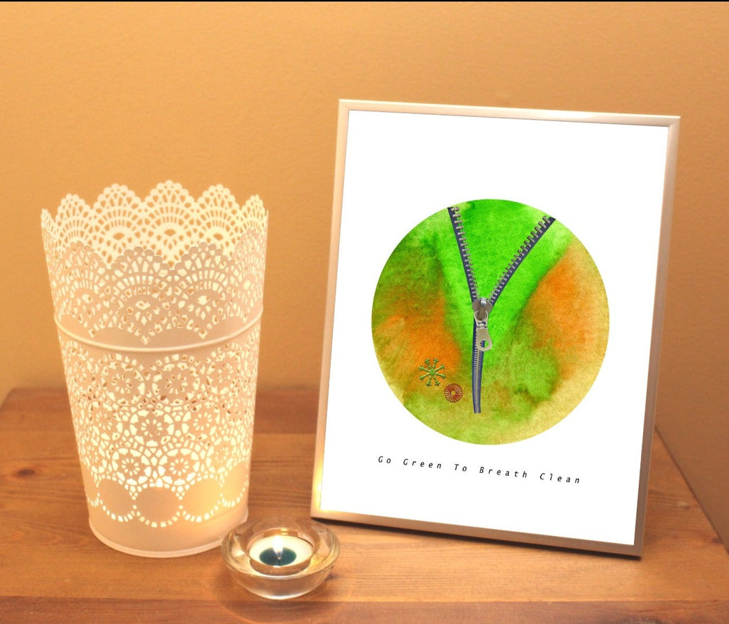 Eco-Friendly Abstract Colorful Planet Prints at Jellyque | Represents to Being-Green Through Green Zipper Planet | Grass-Green & Carrot-Orange Colors For Beginning Again | Cheerful Vibe | Reusable Material: Zipper & Metallic Object Collage Design By Graphic | Instant Download | Sustainable Living Gift Shop & Well-Being