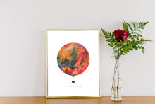 Load image into Gallery viewer, Eco-Friendly Abstract Colorful Planet Prints at Jellyque | Reminds to Reuse Through Heart Clock Moon | Reusable Materials: Heart Ticker &amp; Earring ➸ Up-cycled Collage Design | Vermilion ✢ Sunrise Orange ✢ Pine Grove Colors For Inner-Strength | Shiny &amp; Attractive Vibes | Instant Download | Sustainable Living Gift Ideas
