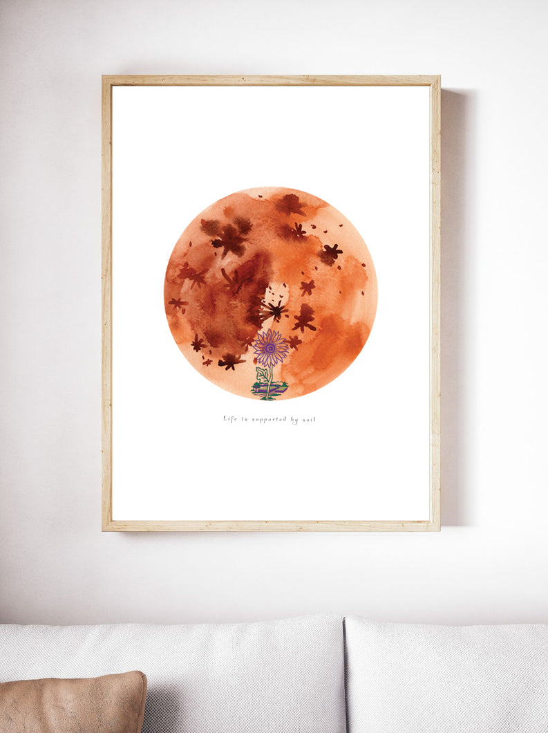 Reminds People The Soil is The Great Connector of Our Lives Through Caramel Soil Moon | Colorful Planet Prints Create a Happy Place | Mixed-Media Collage Design: Stitched Flower Grows From The Soil To Represent Up-cycled Art By Graphic | Bronze & Caramel Colors Help Better Control of Symptoms | Smooth & Comfort Vibe
