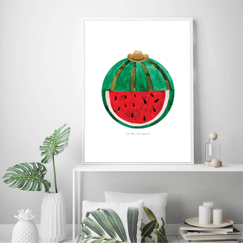 Tells People to Enjoy Organic Food Through Abstract Watermelon Art | Watermelon Patterned Colorful Planet Print Creates Lively & Garden-Fresh Vibes in a Place | Reusable Straw Hat Collage Design By Graphic to Represent Up-cycled Art For Sustainable Living | Venetian Red & Pine Colors Helps Staying Active