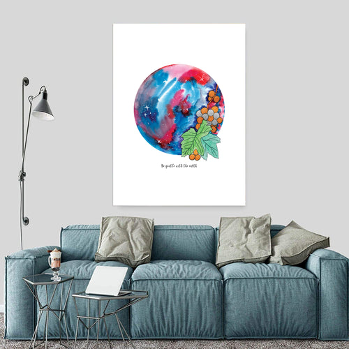 Eco-Friendly Abstract Colorful Planet Prints at Jellyque | Reminds to Love Nature Through Joyful Grape Planet | Recycled Material Collage Design By Graphic + Eco Tips | Azure-Blue & Ruby-Red Colors For Full of Enjoyment | Upbeat Vibe | Instant Download | Sustainable Living Gift Ideas & Well-Being