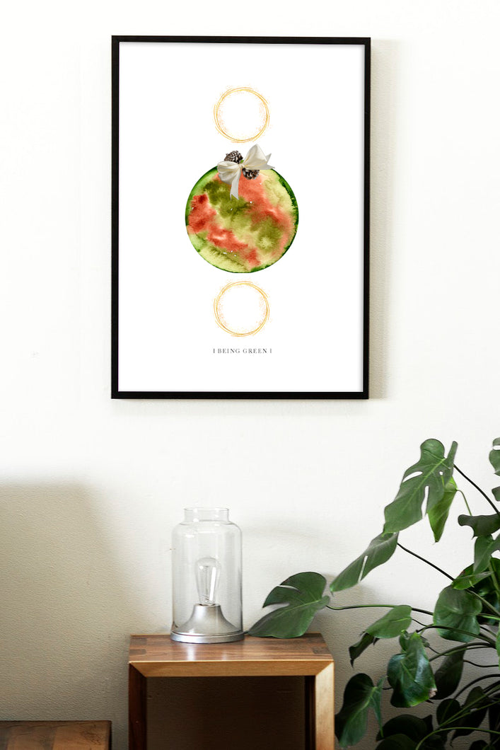 Eco-Friendly Abstract Colorful Planet Prints at Jellyque | Represents to Save Trees Through Tree-Ball Planet | Olive-Green & Sand Stone Colors For Joy & Fulfilled Life | Peaceful & Harmonious Vibes | Reusable Material: Bow & Pine Tree Cones Collage Design By Graphic | Instant Download | Sustainable Living Gift Ideas