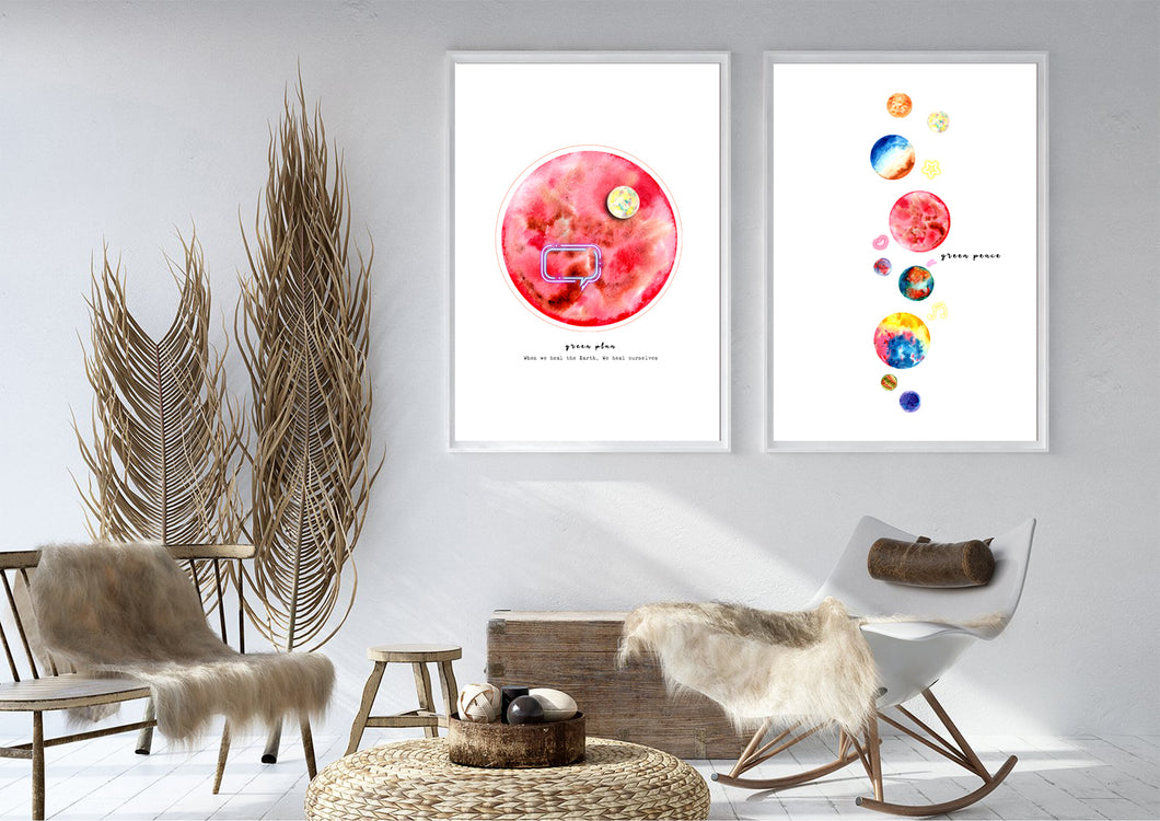 Eco-Friendly Abstract Colorful Planet Prints at Jellyque | Represents to Save Energy Through Lady-Bug Planets | Reusable Materials: Neon Lights ➸ Up-cycled Collage Design | LadyBug-Red & Light-Cinnamon Brown Colors For Being Motivated | Sparkling & Miraculous Vibes | Instant Download | Sustainable Living Gift Shop
