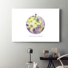 Load image into Gallery viewer, Eco-Friendly Awareness Colorful Planet Prints at Jellyque | Reminds to Protect Nature Through Lavender Moon | Reusable Materials: Glitter Paper Flower ➸ Up-cycled Collage Design + Eco Tips | Lavender &amp; Tea Green Colors For Reduce Stress | Sweet-Smelling Vibe | Instant Download | Sustainable Living Gift Ideas
