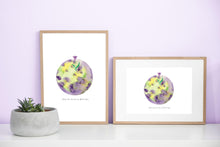 Load image into Gallery viewer, Eco-Friendly Awareness Colorful Planet Prints at Jellyque | Reminds to Protect Nature Through Lavender Moon | Reusable Materials: Glitter Paper Flower ➸ Up-cycled Collage Design + Eco Tips | Lavender &amp; Tea Green Colors For Reduce Stress | Sweet-Smelling Vibe | Instant Download | Sustainable Living Gift Ideas
