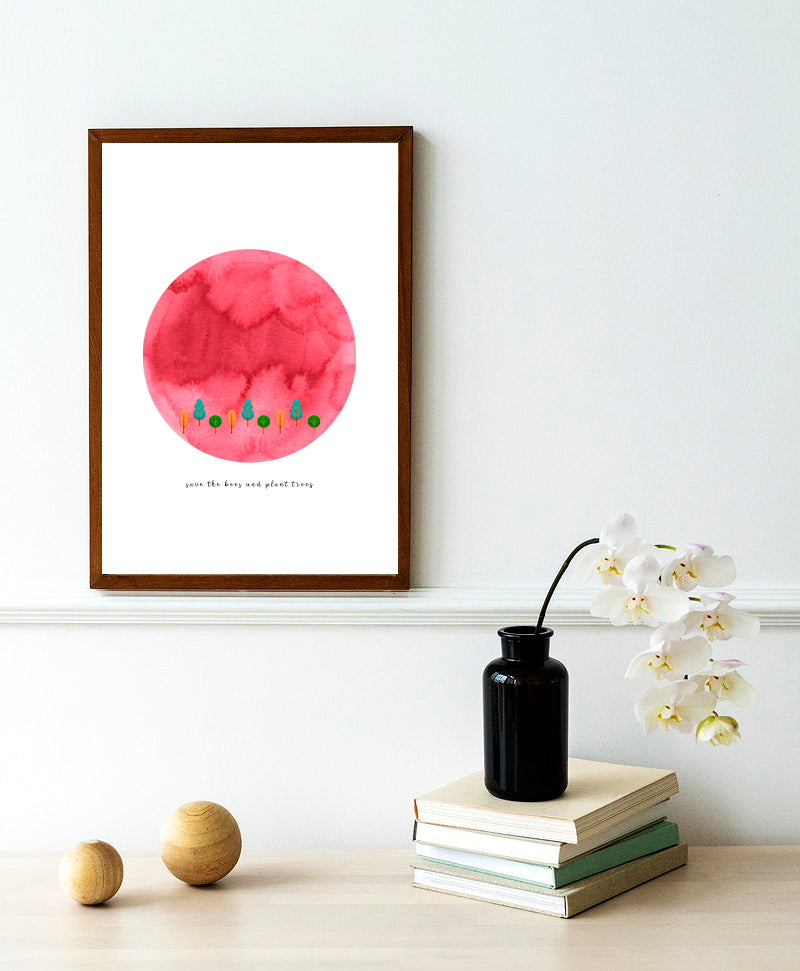 Eco-Friendly Awareness Colorful Planet Prints at Jellyque | Reminds to Protect Nature Through Little Forest Moon | Reusable Materials: Tree Shaped Cotton Patches ➸ Up-cycled Collage Design | Scarlet-Red Color For Eternal Love |  Attractive Vibes | Instant Download | Sustainable Living Gift Shop & Well-Being
