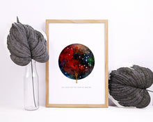 Load image into Gallery viewer, Eco-Friendly Abstract Colorful Planet Prints at Jellyque | Reminds to Respect Nature Through Love Key Galaxy | Reusable Materials: Golden Key ➸ Up-cycled Collage Design | Wine Red &amp; Midnight Blue Colors For Golden Chances | Bright Silvery Star Lights Mood | Instant Download | Sustainable Living Gift Shop &amp; Well-Being
