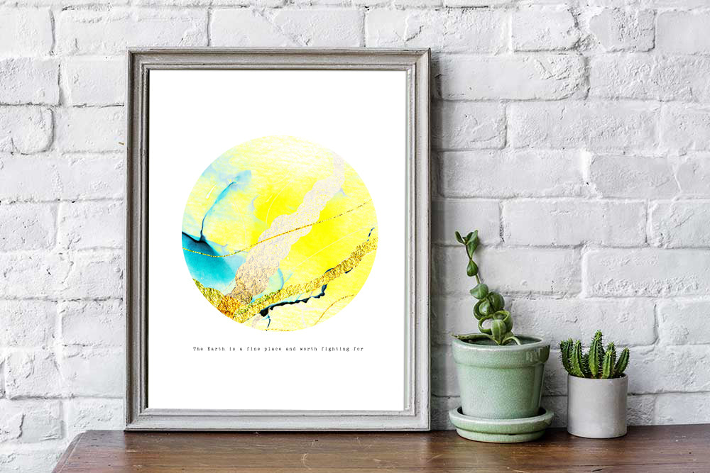 Eco-Friendly Abstract Colorful Planet Prints at Jellyque | Reminds to Save Energy Through Blonde-Yellow Moon | Reusable Materials: Mable Foil ➸ Up-cycled Collage Design By Graphic | Blonde-Yellow Water Color For Productivity | Sunny Day Vibe | Instant Download | Sustainable Living Gift Ideas & Well-Being