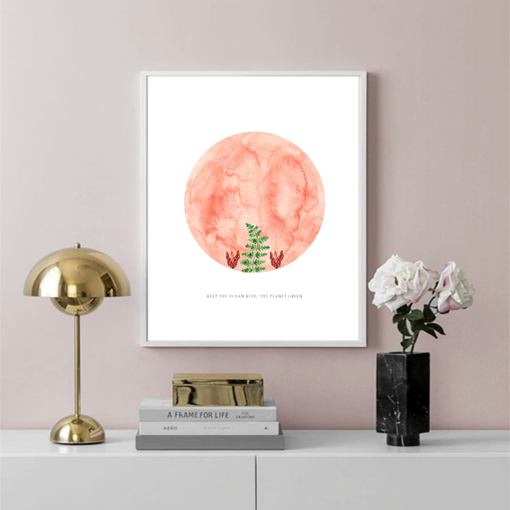 Eco-Friendly Abstract Colorful Planet Prints at Jellyque | Reminds to Protect The Oceans Through Orange Ocean Planet | Reusable Materials: Seaweed Shaped Colorful Paper ➸ Up-cycled Collage Design | Melon-Orange Water Color For Easy-Going | Smooth & Gentle Vibes | Instant Download | Sustainable Living Gift Ideas
