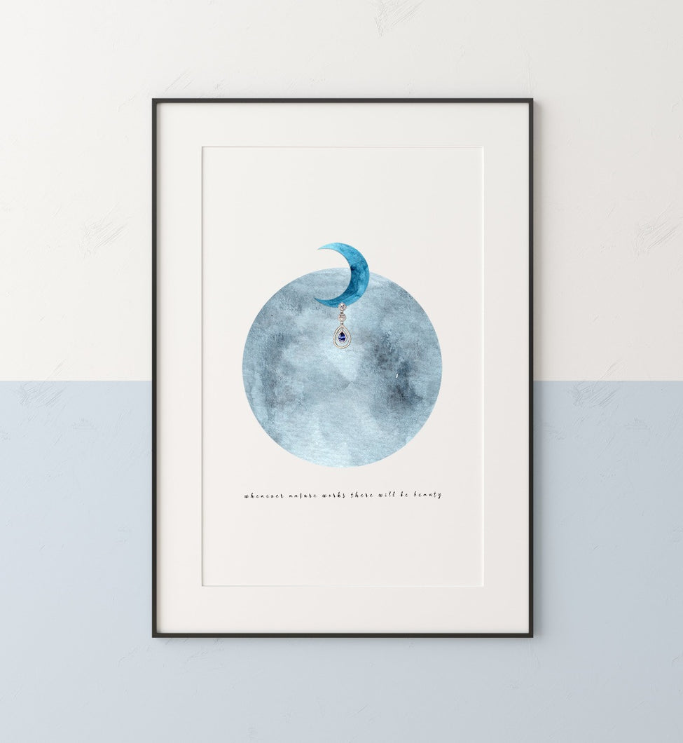 Eco-Friendly Abstract Colorful Planet Prints at Jellyque | Represents to Zero-Waste Through Blue Jewel Moon | Reusable Materials: Blue Pointed Earring ➸ Up-cycled Collage Design By Graphic | Pastel Blue Color For Being Cherished & Precious | High-Grade Style | Instant Download | Sustainable Living Gift Shop