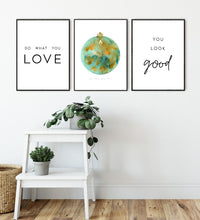 Load image into Gallery viewer, Eco-Friendly Abstract Colorful Planet Prints at Jellyque | Reminds to Green Living Through Pear-Green Earth | Reusable Materials: Classic Golden Accessory ➸ Up-cycled Collage Design | Pear Green &amp; Yellow Orange Water Colors For Warm-Hearted | Friendly &amp; Adorable Vibes | Instant Download | Sustainable Living Gift Ideas
