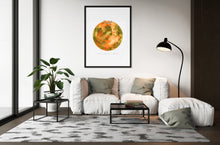 Load image into Gallery viewer, Eco-Friendly Abstract Colorful Planet Prints at Jellyque | Reminds to Sustainability Through Pearl-Brooch Planet | Reusable Materials: Wood Clips ➸ Up-cycled Collage Design | Juniper Green &amp; Marmalade Orange Colors For Success | Warm Mood like Afternoon Sun | Instant Download | Sustainable Living Gift Shop &amp; Well-Being
