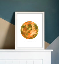 Load image into Gallery viewer, Eco-Friendly Abstract Colorful Planet Prints at Jellyque | Reminds to Sustainability Through Pearl-Brooch Planet | Reusable Materials: Wood Clips ➸ Up-cycled Collage Design | Juniper Green &amp; Marmalade Orange Colors For Success | Warm Mood like Afternoon Sun | Instant Download | Sustainable Living Gift Shop &amp; Well-Being
