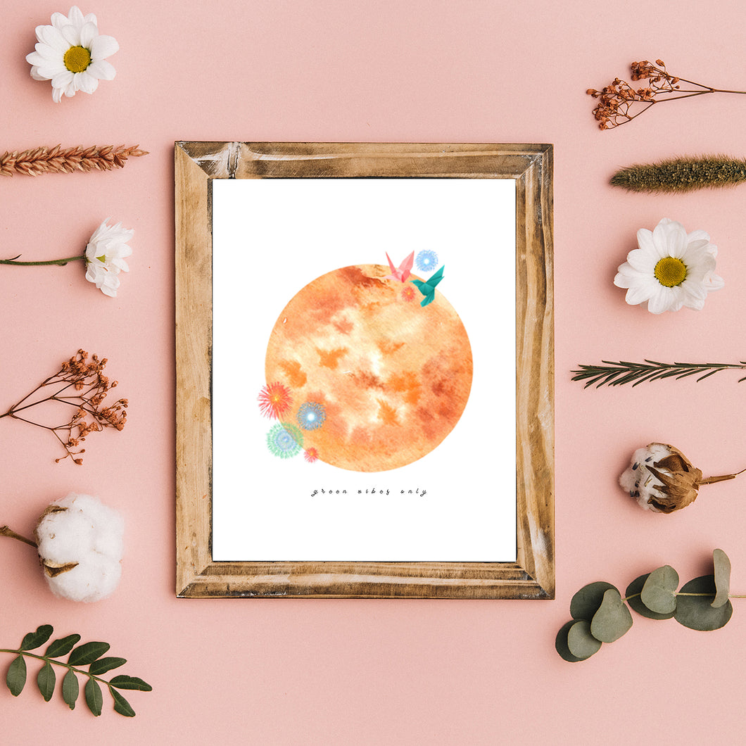 Eco-Friendly Abstract Colorful Planet Prints at Jellyque | Reminds to Recycle Through Firework Orange Moon | Reusable Materials: Paper Origami ➸ Up-cycled Collage Design + Eco Tips | Pumpkin-Orange Water Color For Positive Energy | Lively & Exciting Vibes | Instant Download | Sustainable Living Gift Ideas