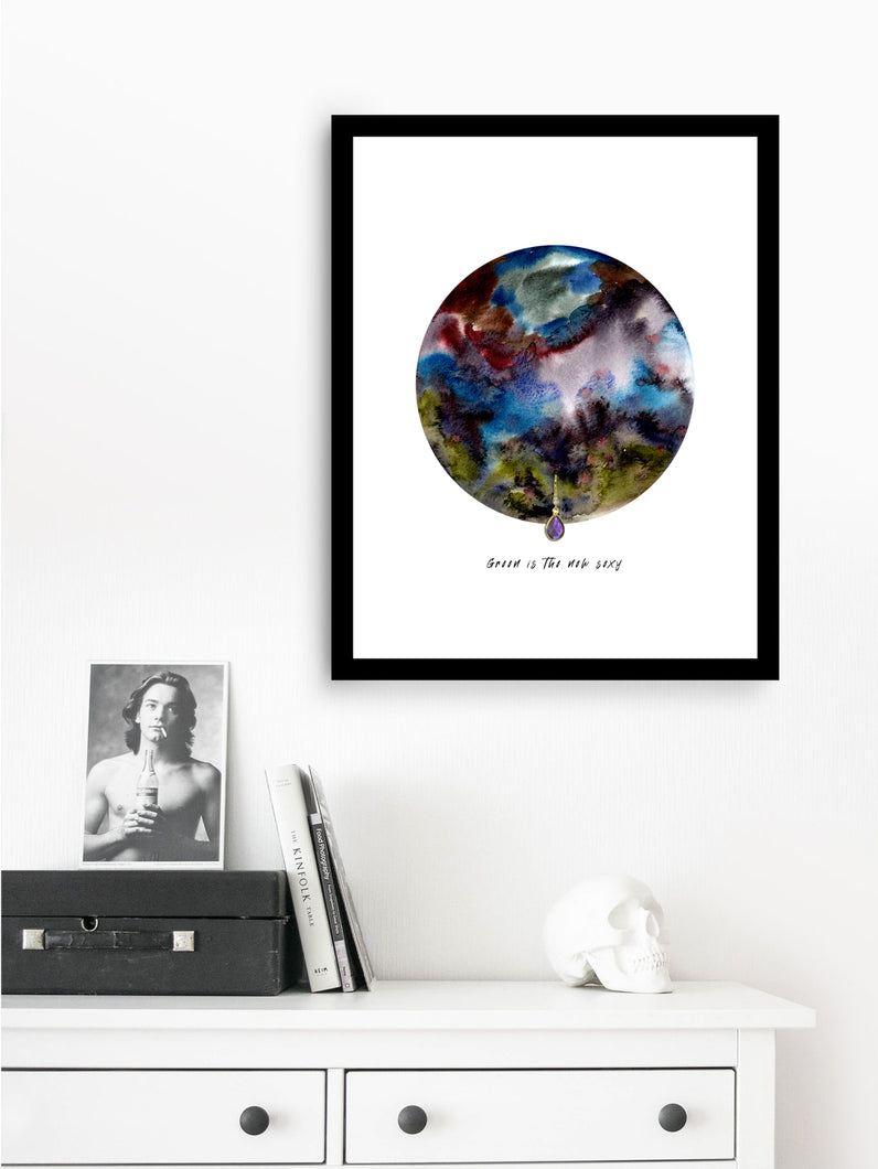 Eco-Friendly Abstract Colorful Planet Prints at Jellyque | Reminds Sustainability Through Purple Accessory Moon | Reusable Materials: Gold Drop Earring ➸ Up-cycled Collage Design By Graphic | Seaweed Green, Gray, Plum Colors For Spiritual Awakening | Fantastic Vibes | Instant Download | Sustainable Living Gift Shop