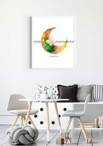 Eco-Friendly Abstract Colorful Planet Prints at Jellyque | Represents Sustainability Through Rainbow Crescent Moon | Bright Green & Soda Orange Colors Brighten Up Your Day | Endearing Vibe | Reusable Material: Cotton Flowers & Beige Lace Collage Design By Graphic | Instant Download | Sustainable Living Gift Ideas