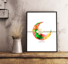 Load image into Gallery viewer, Eco-Friendly Abstract Colorful Planet Prints at Jellyque | Represents Sustainability Through Rainbow Crescent Moon | Bright Green &amp; Soda Orange Colors Brighten Up Your Day | Endearing Vibe | Reusable Material: Cotton Flowers &amp; Beige Lace Collage Design By Graphic | Instant Download | Sustainable Living Gift Ideas
