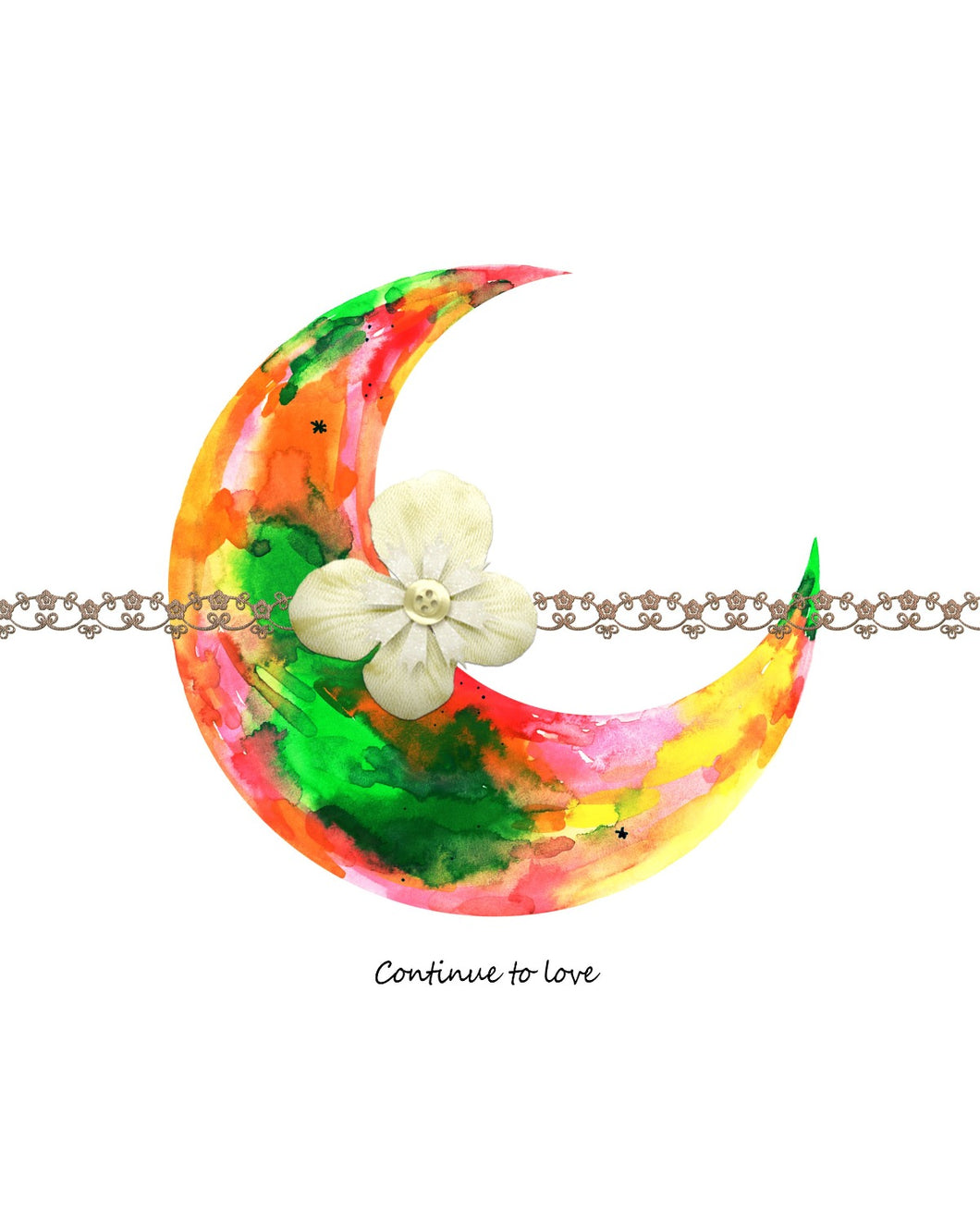 Eco-Friendly Abstract Colorful Planet Prints at Jellyque | Represents Sustainability Through Rainbow Crescent Moon | Bright Green & Soda Orange Colors Brighten Up Your Day | Endearing Vibe | Reusable Material: Cotton Flowers & Beige Lace Collage Design By Graphic | Instant Download | Sustainable Living Gift Ideas