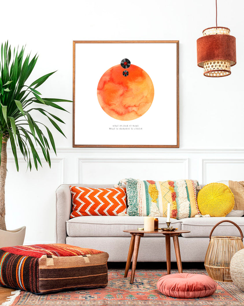 Eco-Friendly Abstract Colorful Planet Prints at Jellyque | Reminds to Reuse Through Records Persimmon Moon | Reusable Materials: Retro Style Records ➸ Up-cycled Collage Design + Eco Tips | Persimmon Orange Color For Self Acceptance | Gladdening Lights Vibe | Instant Download | Sustainable Living Gift Ideas