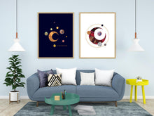 Load image into Gallery viewer, Eco-Friendly Abstract Colorful Planet Prints at Jellyque | Reminds to Sustainability Through Retro Outer Space | Reusable Materials: Piece of Fabric ➸ Up-cycled Collage Design + Eco Tips | Dark-Yellow &amp; Velvet Rose Colors For Building Collaboration | Retro Style | Instant Download | Sustainable Living Gift Ideas
