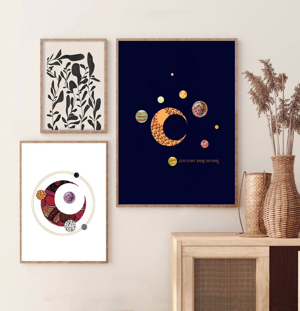 Eco-Friendly Abstract Colorful Planet Prints at Jellyque | Reminds to Sustainability Through Retro Outer Space | Reusable Materials: Piece of Fabric ➸ Up-cycled Collage Design + Eco Tips | Dark-Yellow & Velvet Rose Colors For Building Collaboration | Retro Style | Instant Download | Sustainable Living Gift Ideas