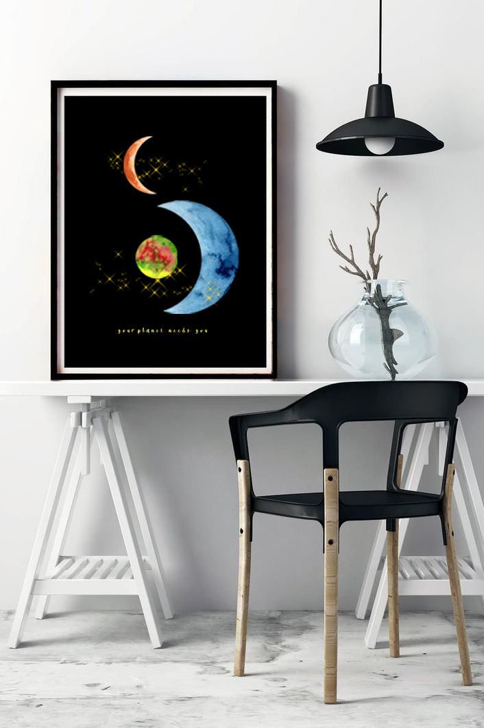 Eco-Friendly Abstract Colorful Planet Prints at Jellyque | Reminds to Love The Earth Through Terrific Galaxy | Reusable Materials ➸ Up-cycled Collage Design | Grey Blue, Jade Green & Mango Tango Colors For Less Stress & Anxiety | Radiant Vibe like Fantastic World | Instant Download | Sustainable Living Gift Ideas