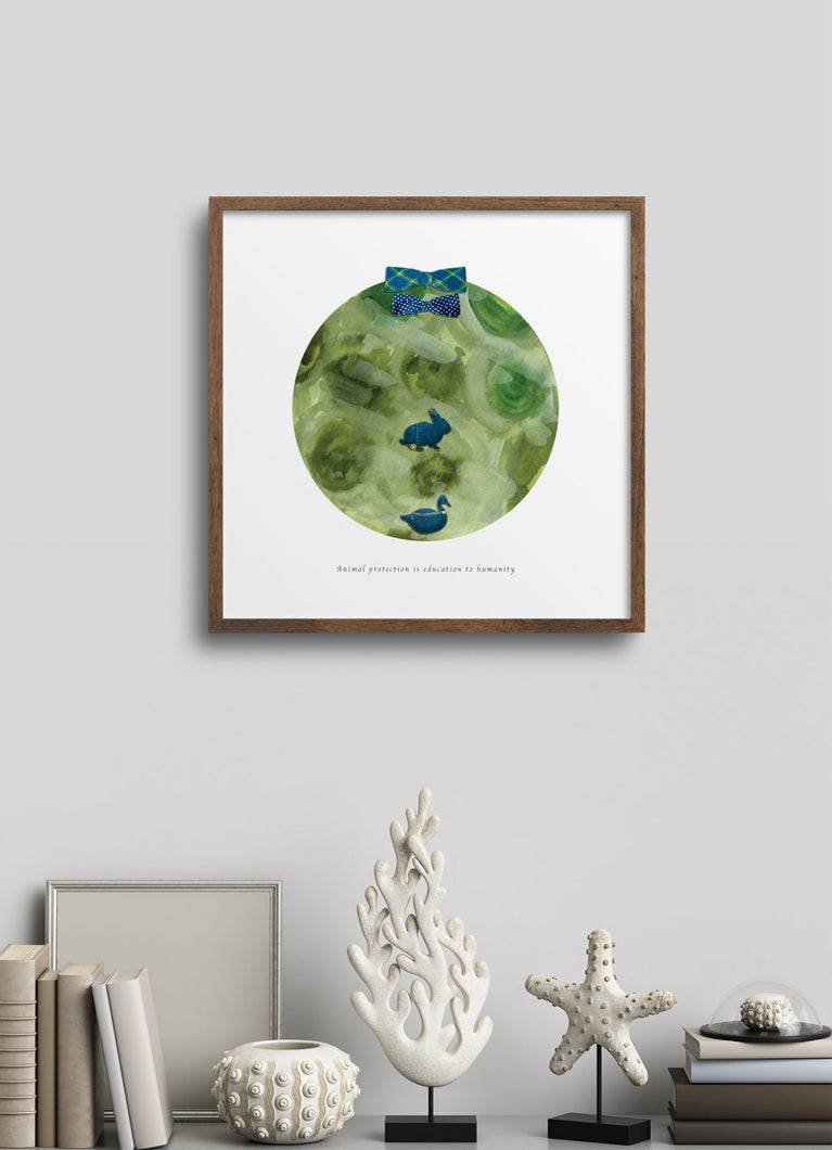 Educates Animal Protection & Reminds People to Protect Endangered Animals Through Abstract Turtle Moon Art | Watercolor Turtle Patterned Colorful Print Creates Sooth & Relaxing Vibes in a Place | Ribbon & Piece of Jeans Up-cycled Collage Design by Graphic | Sage, Moss & Fern Colors Help More Soothing Feelings