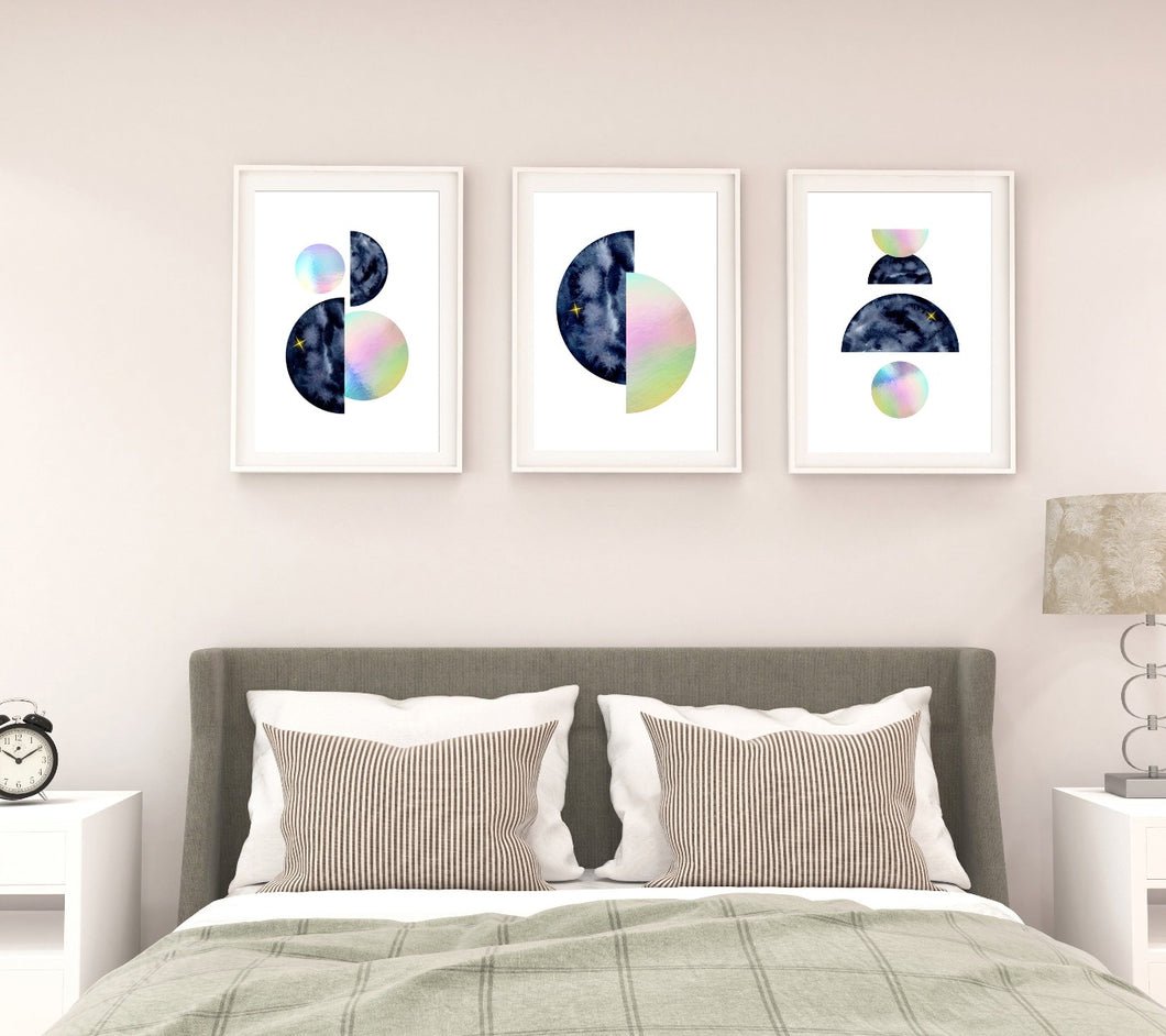 Eco-Friendly Abstract Colorful Planet Prints at Jellyque | Represents to Reduce Air Pollution Through Twinkle Planets | Oxford Blue & Silver Colors For Great Quality Life | Fantastic Vibe | Reusable Material: Hologram Paper Collage Design By Graphic | Instant Download | Sustainable Living Gift Ideas & Well-Being